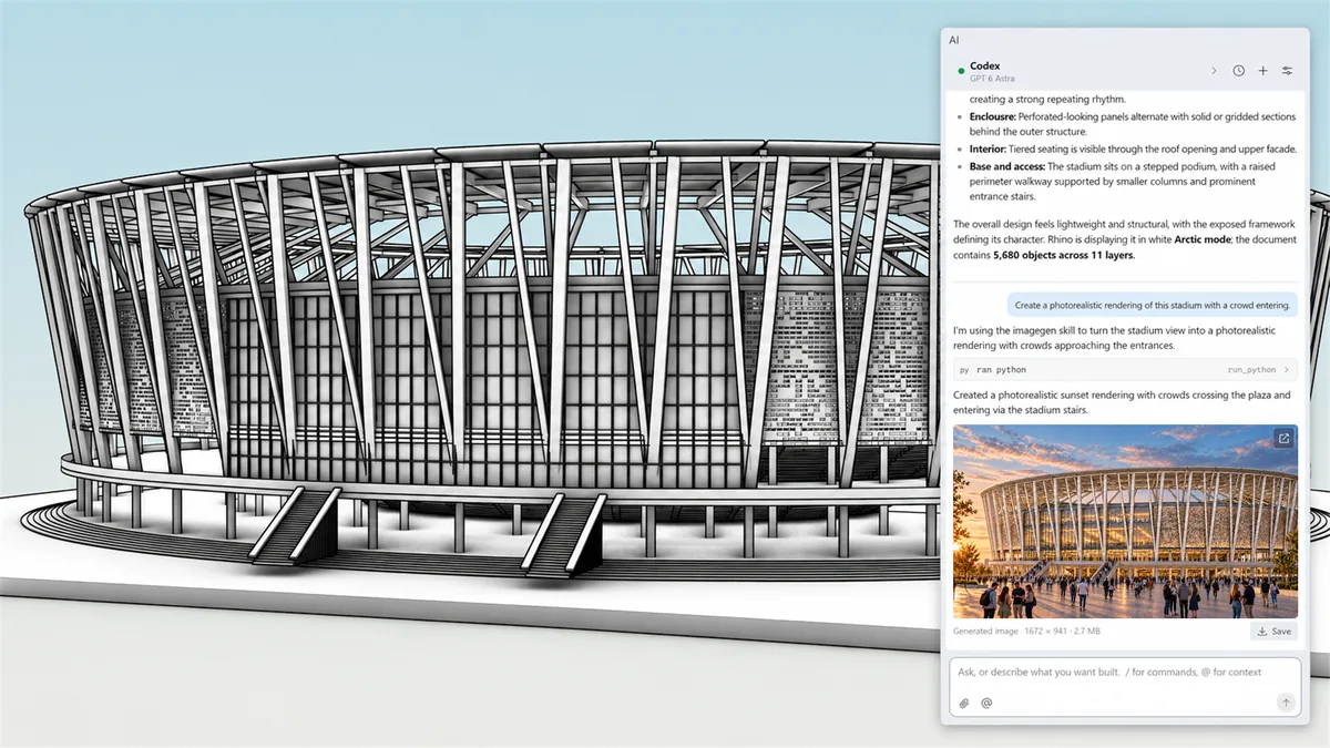 RhinoAI-Panel neben einem Stadionmodell in Rhino 9